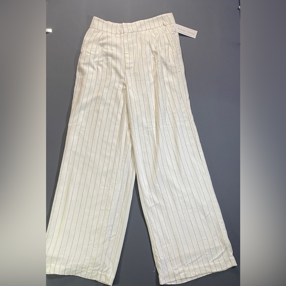Bishop + Young Sorrento Wide Leg Stripe Trouser Pant Cream Linen Blend Large NWT